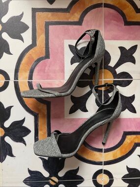 Mango Silver Glitter Ankle-Strap Stiletto Sandals
